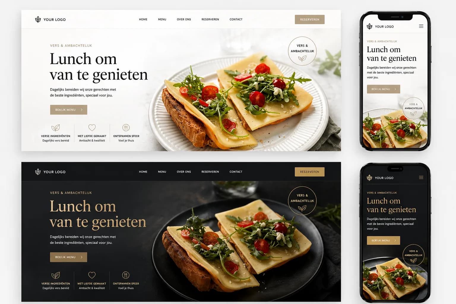 Website voorbeeld voor horeca met lichte en donkere restaurantstijl