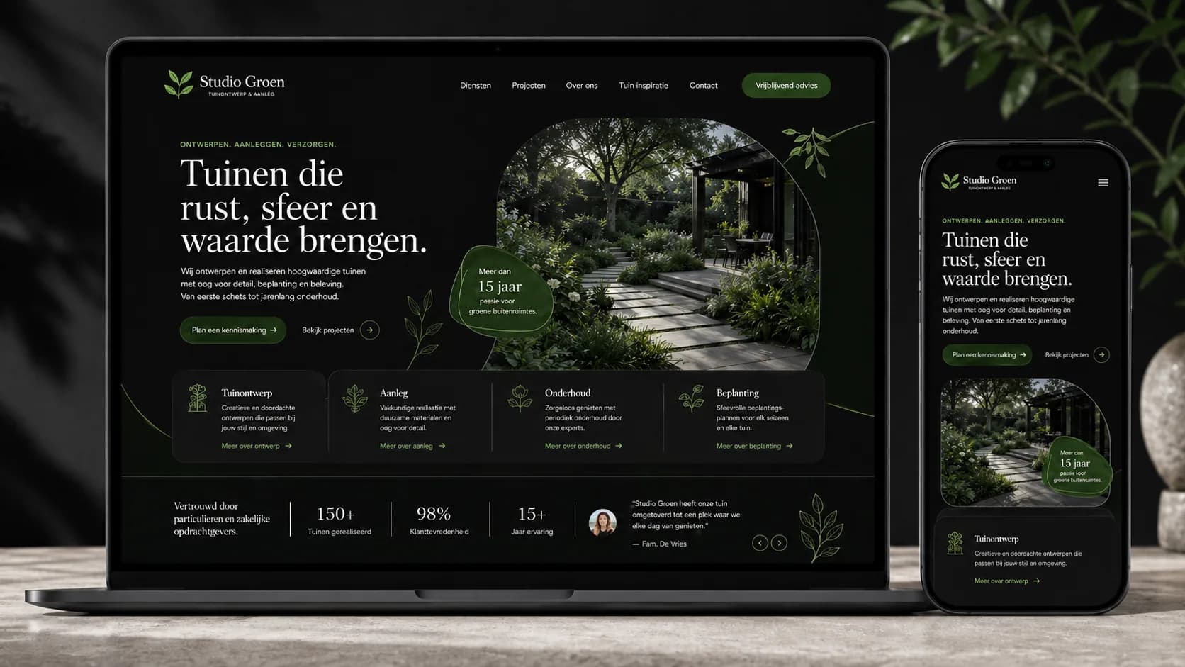 Donker premium website voorbeeld voor hovenier of tuinontwerp
