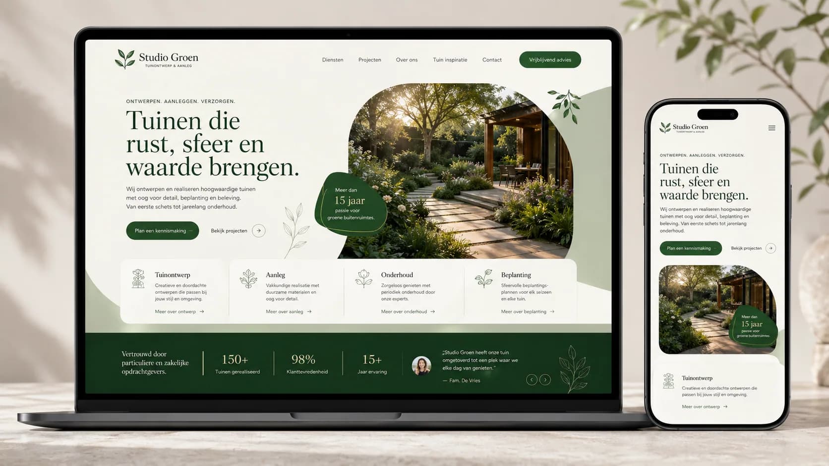 Licht website voorbeeld voor hovenier met tuinontwerp en mobiele preview